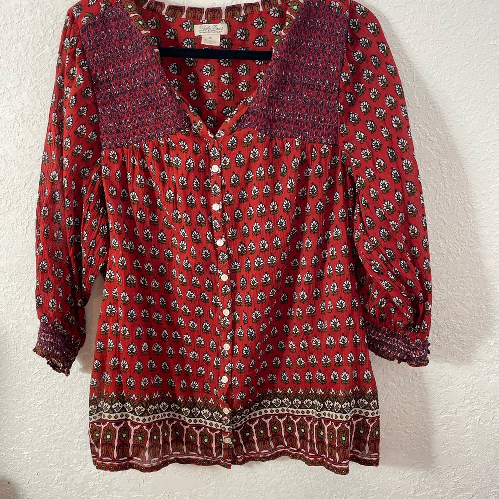 Lucky Brand Smocked Boho Button-front Lightweight Blouse Sz 1X
